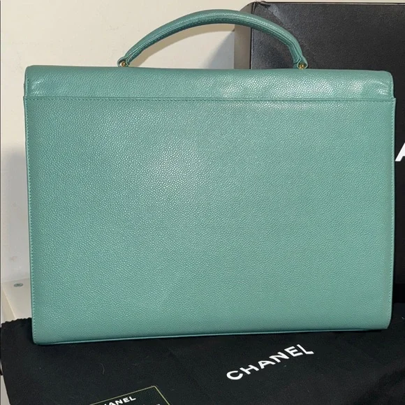 CHANEL Turquoise Seafoam green caviar leather classic briefcase Kelly top handle - Picture 4 of 16